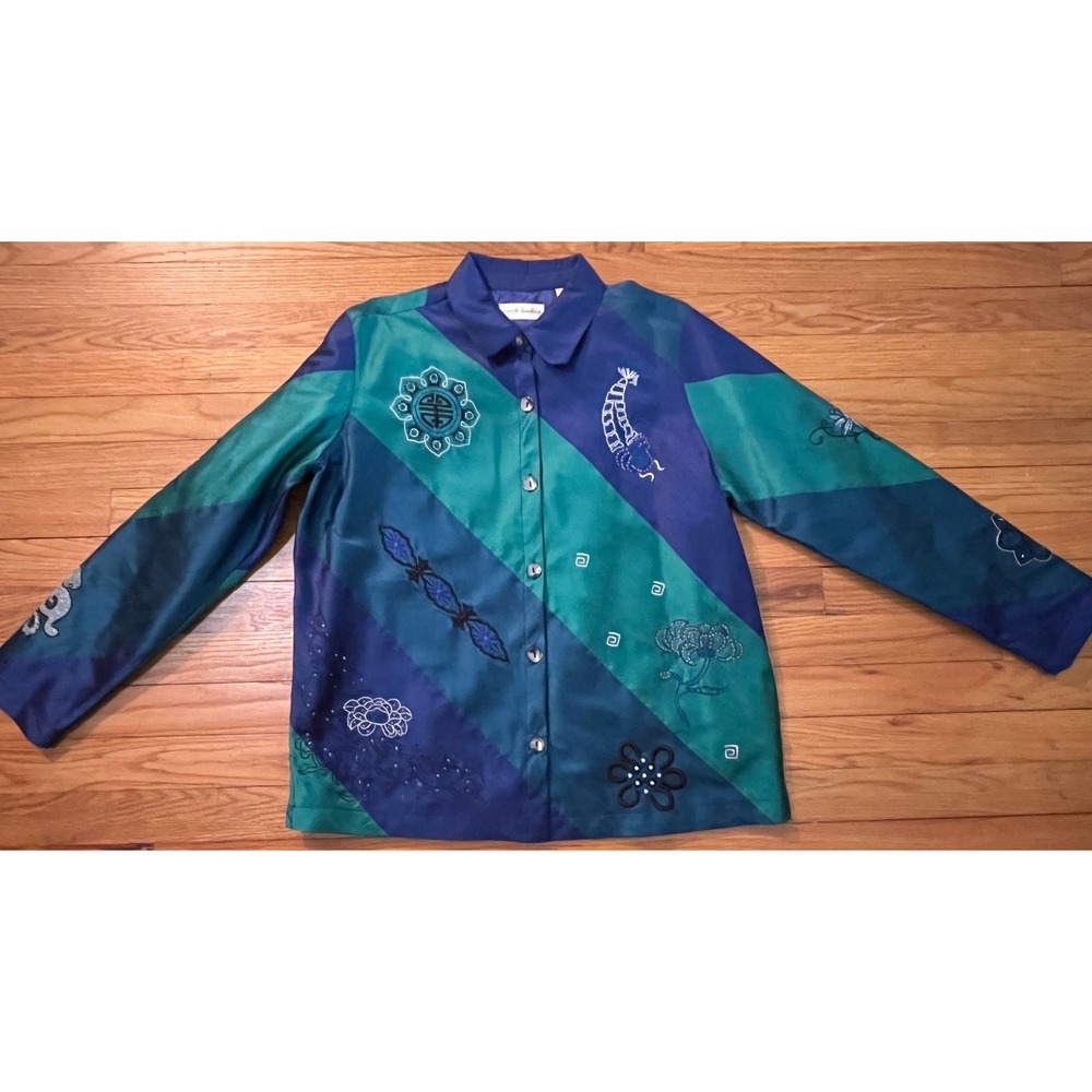 Vintage Marsh Landing Silk-Like Embroidered Blue Aqua Granny Chic Blouse Women M